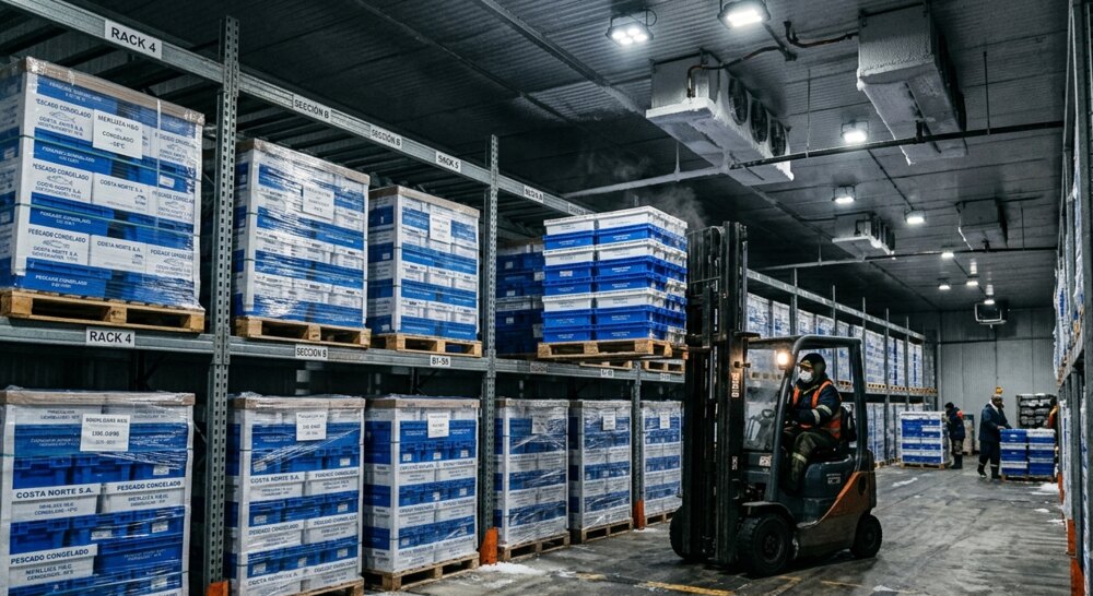Cámara frigorífica con pallets de pescado congelado